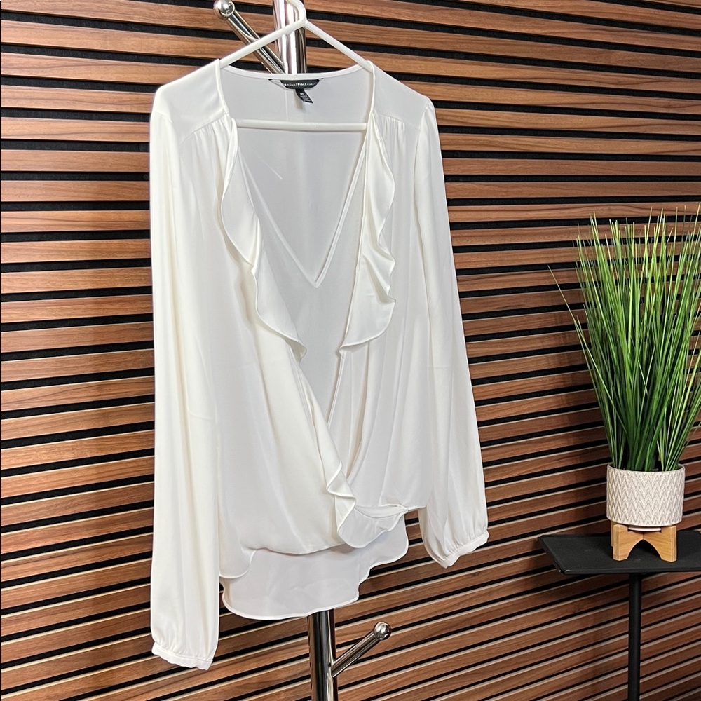 White House Black Market Ivory Top - V Neck with ruffles - Size 10
